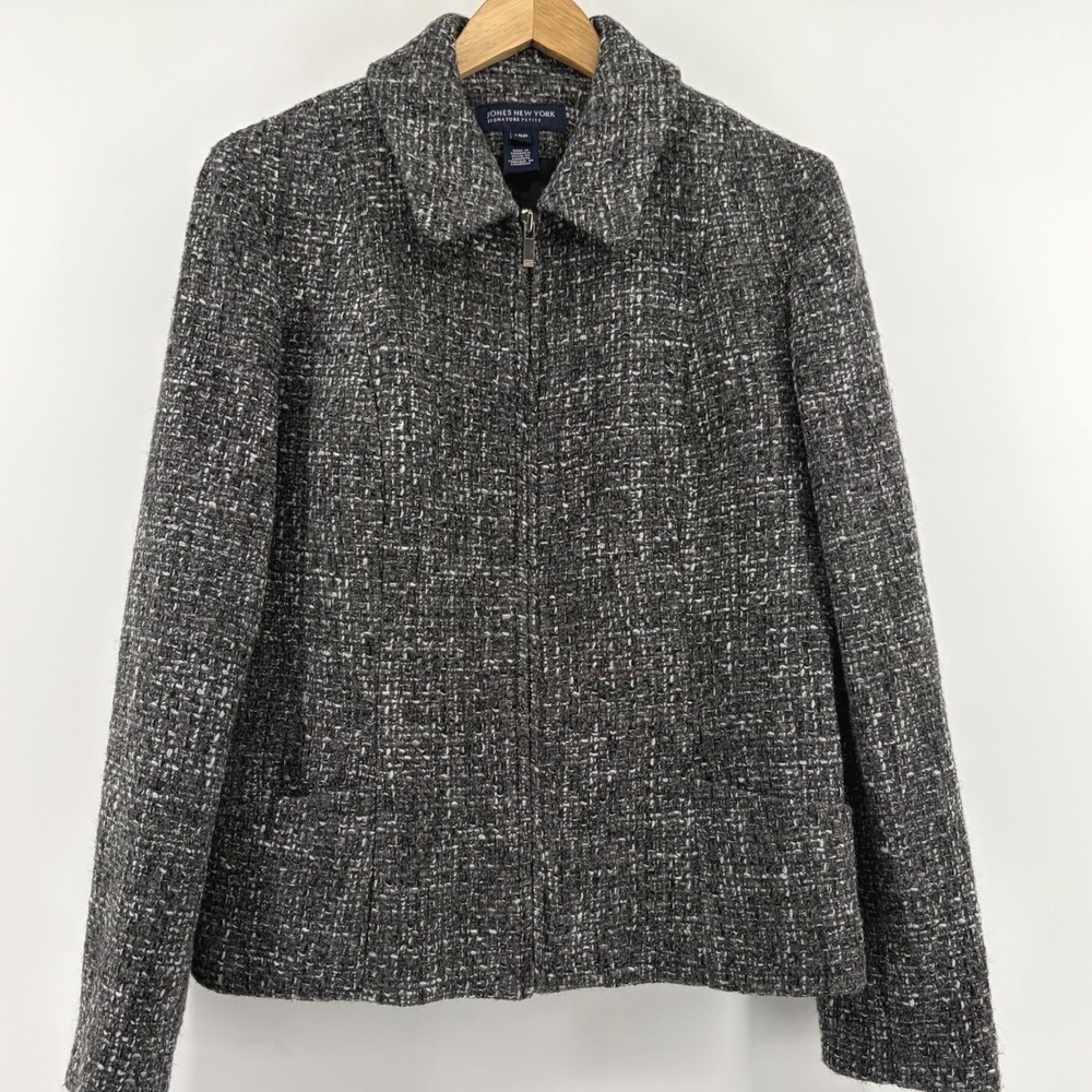 Jones New York Signature Petite Grey Tweed Full Zip Jacket Size 10P Salt‎ Pepper